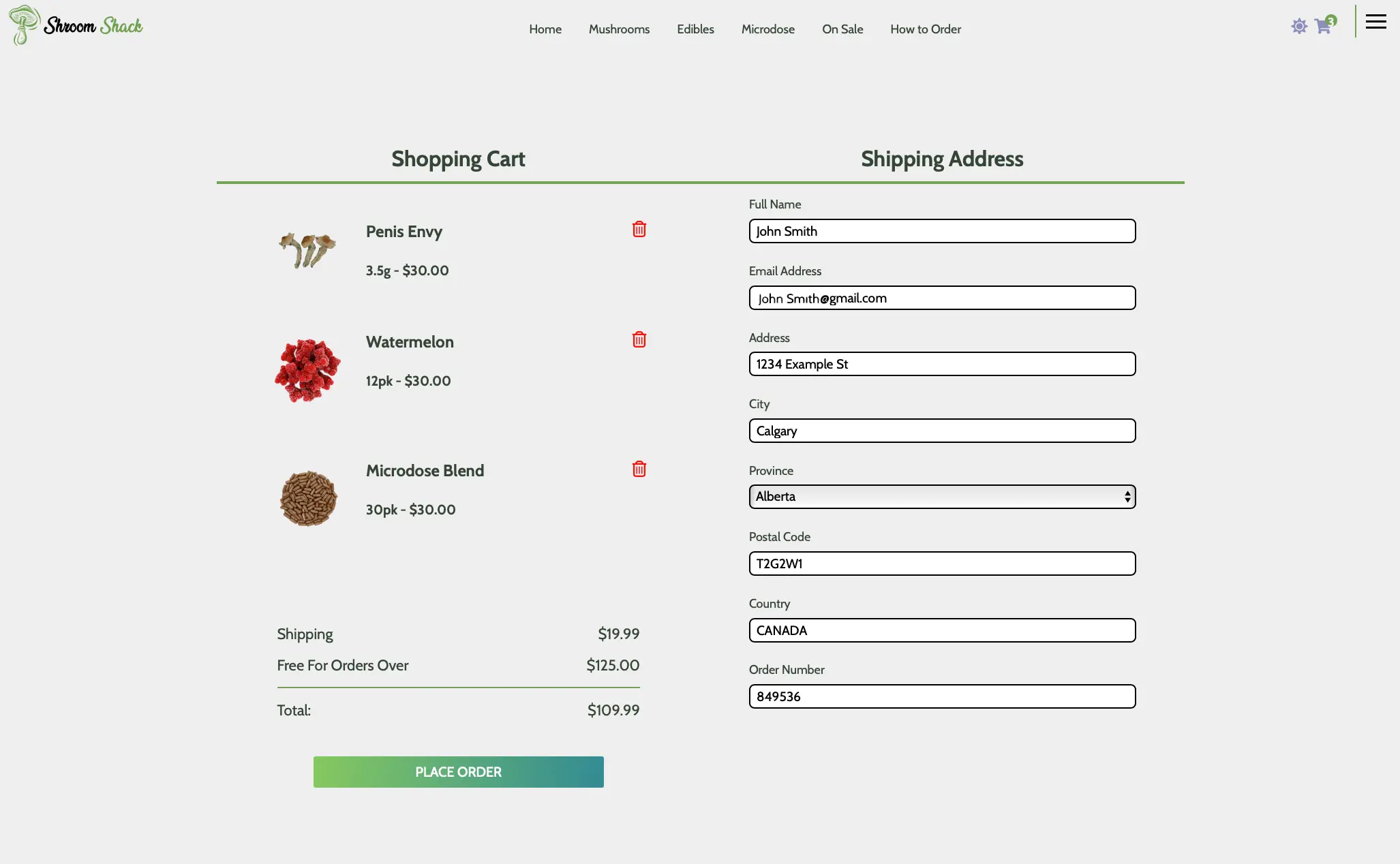 screen shots of ordering and shipping process